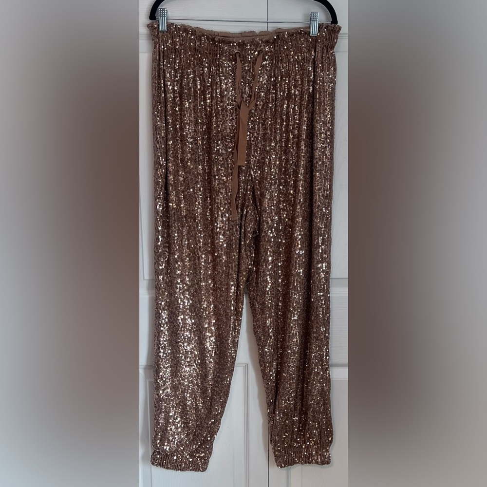 Free People Night Moves Rose Gold Sequin Drawstring Harem Pants
